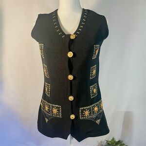 Vintage Black Ladies Small Vest Leather and Gold Stud Accents